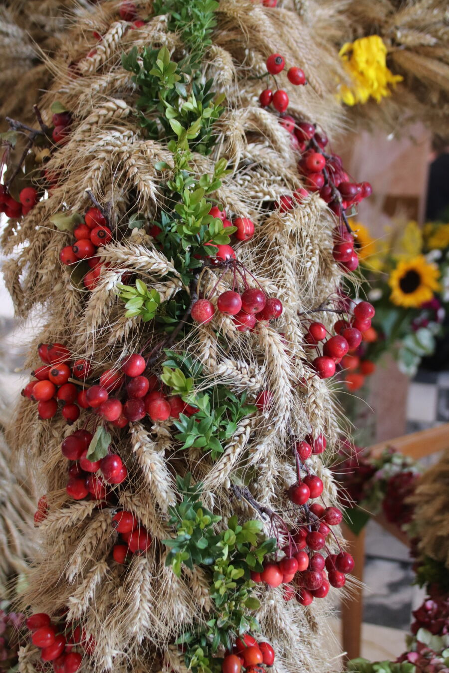Detailansicht einer Erntekrone: Getreide-Ähren, grüner Buchsbaum, rote Hagebutten und im Hintergrund Blüten von Sonnenblumen